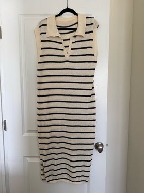 SHEIN Cream and Black Striped Collared Midi Dress